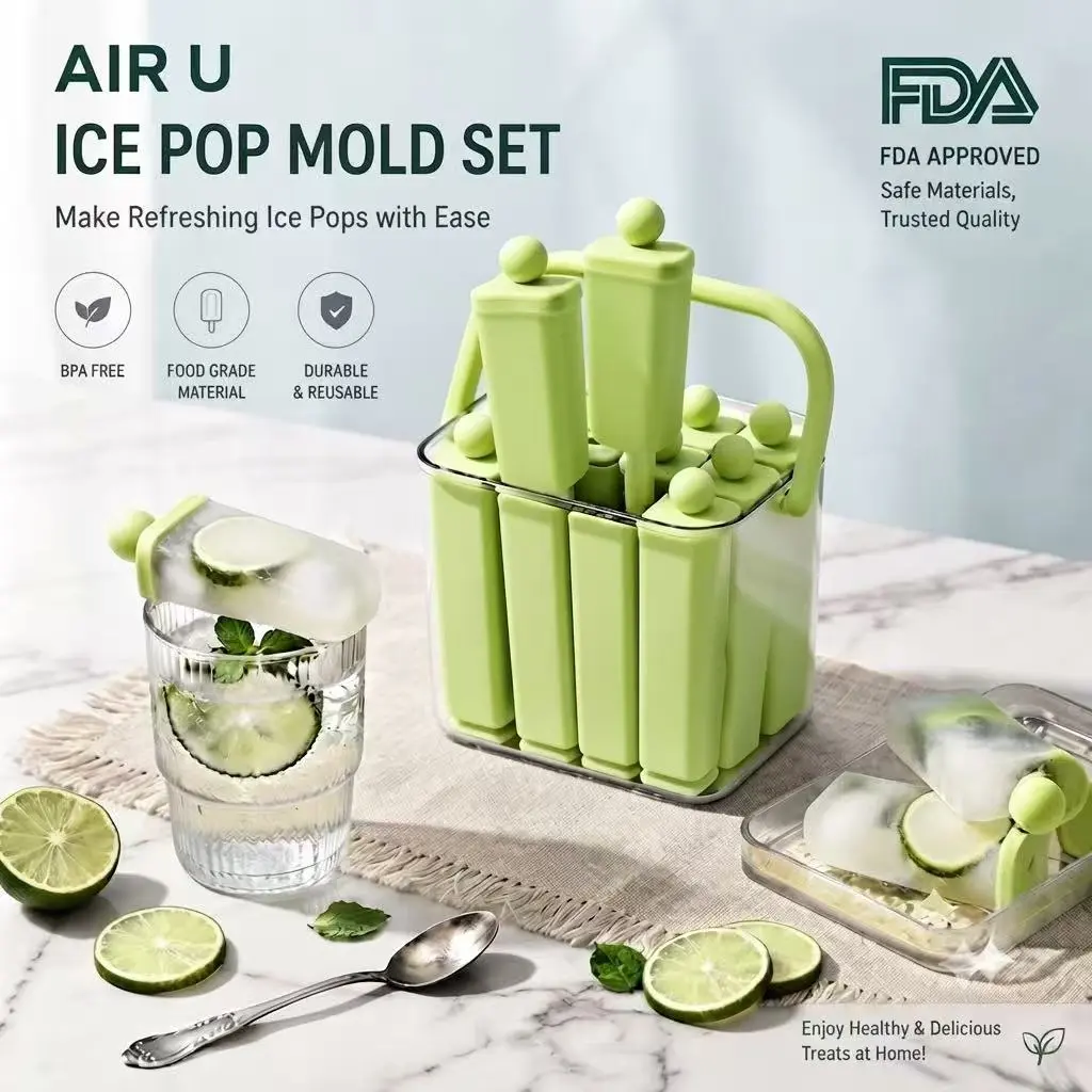 AIR U Silicone Ice Pop Molds and Ice Cube Trays, with Food-Grade BPA-Free Lids, Easy Release for Homemade Popsicles Ice Cream Juice Drinks, Summer Home Kitchen Party DIY  Flexible Pop-Out