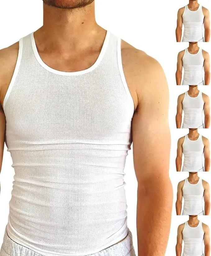BROOKLYN VERTICAL Mens 6-Pack Tank Tops Classic White Sleeveless Moisture-Wicking Ribbed Lightweight Undershirts for Outdoor Activities