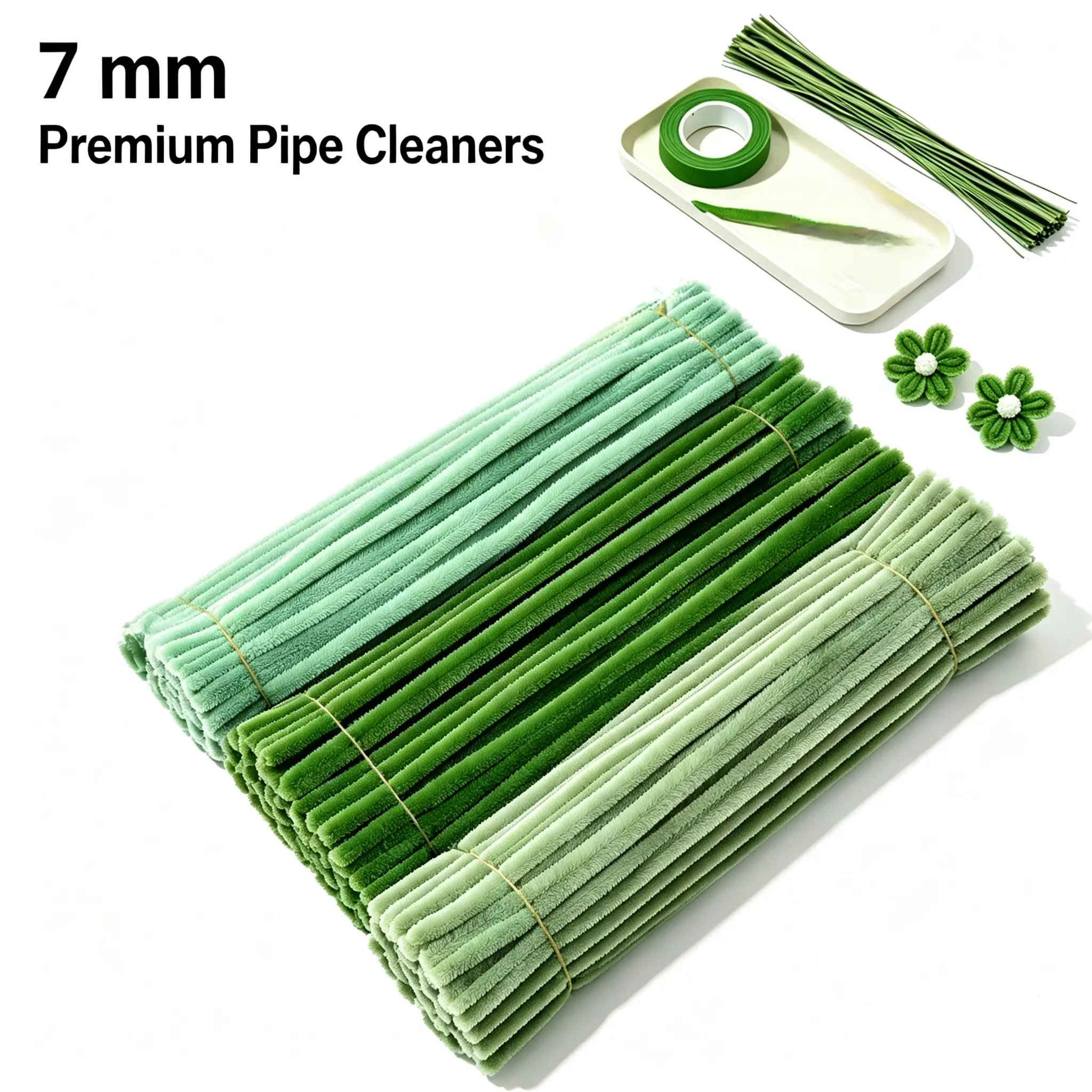 3-Pack Green Boxed Fabric Wire Pipe Cleaner DIY Flower Crafting Kit, Sturdy Easy-to-Bend Flexible Chenille Stems with Gardening Tape, Fade-Resistant Soft Fabric Craft Supply for Festive Occasions Home Decor