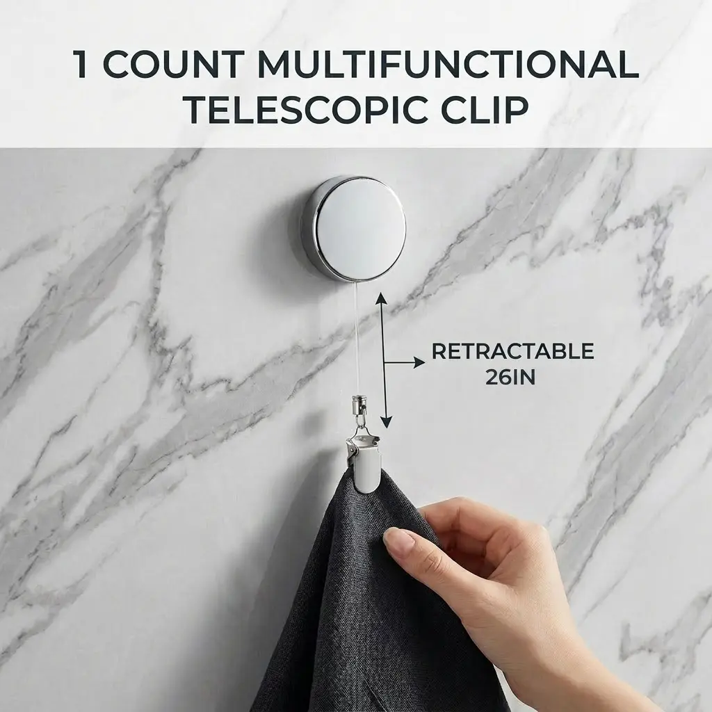 1 Count Retractable Towel Clip, Pull-Out and Use Design, No-Drill Adhesive Mount for Cabinet Fridge Wall, Hanging Clamp with Stretch Cord for Kitchen Bathroom RV, Multi-Scene Use