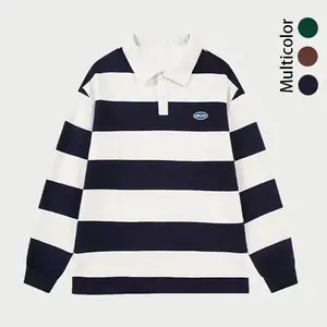 This striped long-sleeved polo shirt features a retro collar and trendy wide stripes. The loose fit and small logo details add a touch of sophistication, making it perfect for an effortlessly chic American retro casual look. free button Men's Long Sleeve
