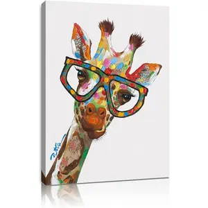 2D Flat Single Piece Joy Giraffe Wearing Glasses Canvas Wall Art - Vibrant Colorful Giraffe Wearing Glasses, Suitable for Children's Room/Living Room, Directly Hangable Wrapped Canvas Painting