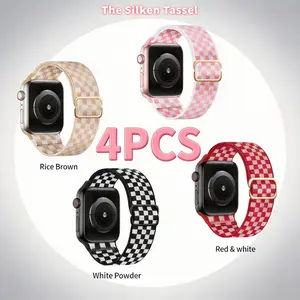 4 PCS Grid Elastic Nylon Watch Band, Adjustable Slide Buckle Strap, Soft Breathable Fabric Design Compatible with Apple Watch 11 for Daily Casual Outdoor And Sports Wear, Only Watch Band Included