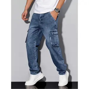 Men'S Casual Work Jeans with a Loose Fit And Straight Legs, Made from Elastic Denim for Comfort And Relaxation. These Heavy-Duty, Washed Classic Western Jeans Come in a Retro Blue Color, Feature Multiple Designer Pockets