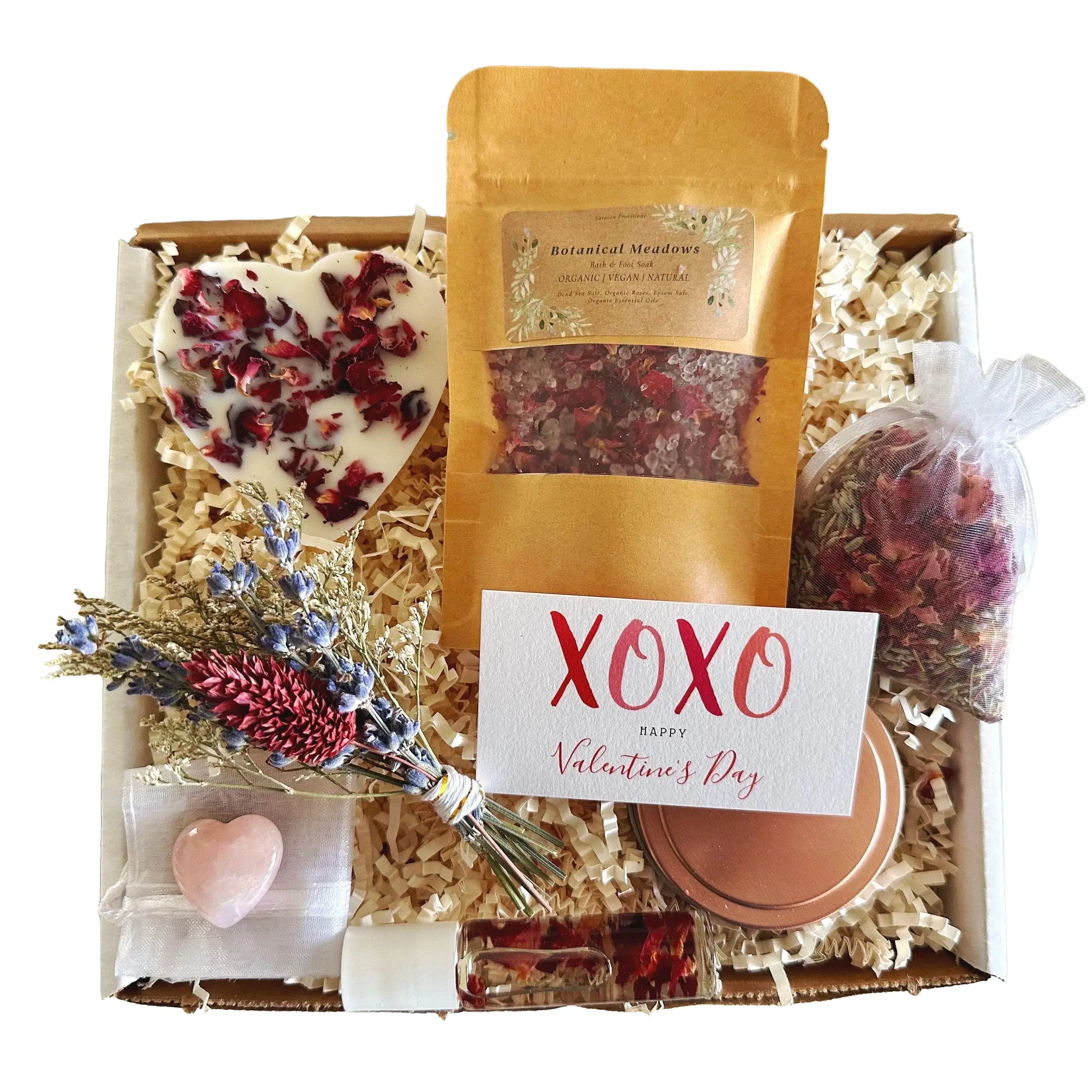 Happy Valentine’s Day Floral Crystal Gift Box, Mental Health Self-Care Package, Organic Love and Support Basket, Stress Relief
