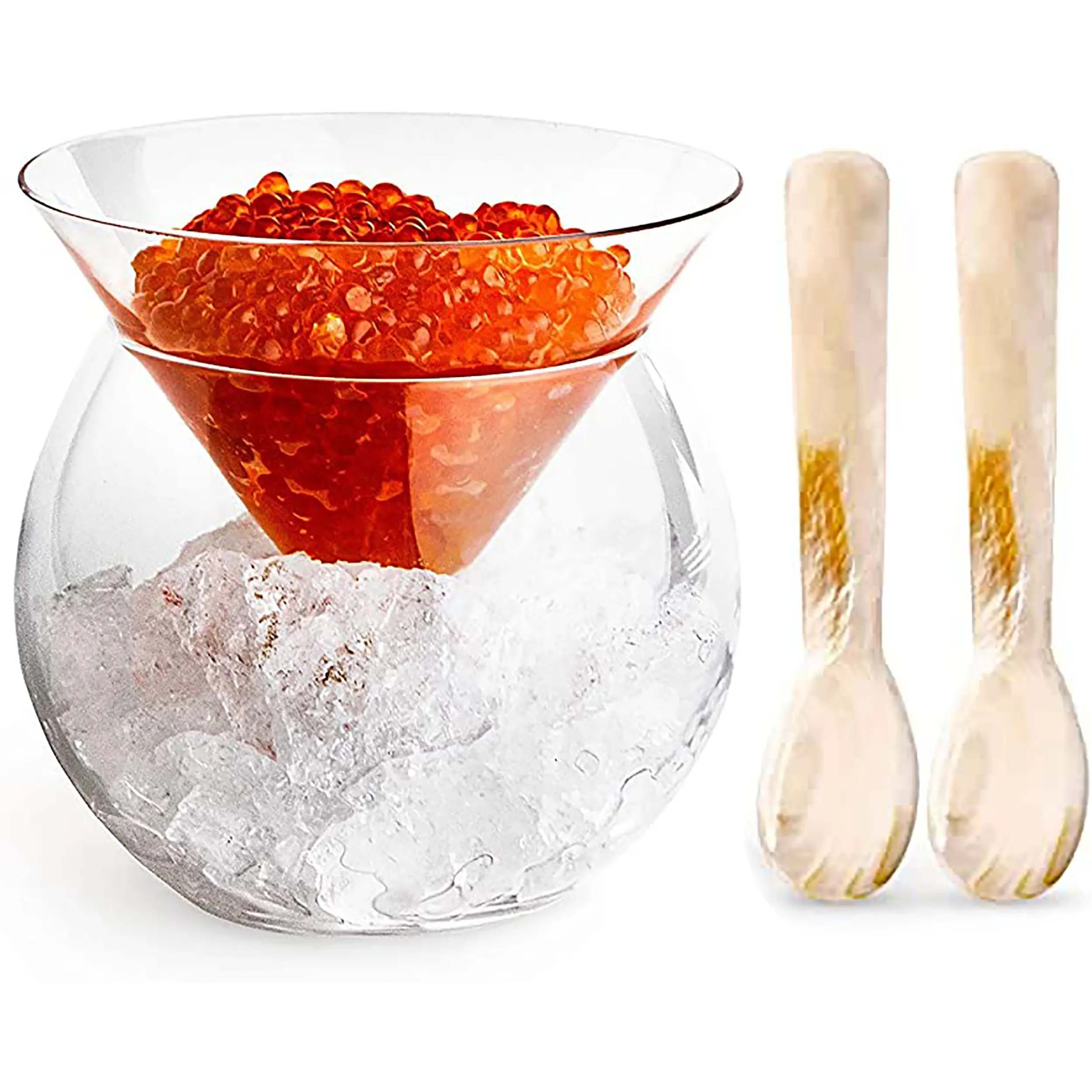 Caviar Glass Chiller Server Set Plus 2 pcs Mother of Pearl Caviar Spoon 3" Universal Martini Wine Liquor Cocktail Chiller