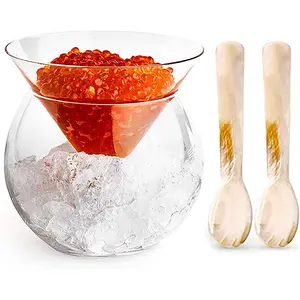 Caviar Glass Chiller Server Set Plus 2 pcs Mother of Pearl Caviar Spoon 3" Universal Martini Wine Liquor Cocktail Chiller