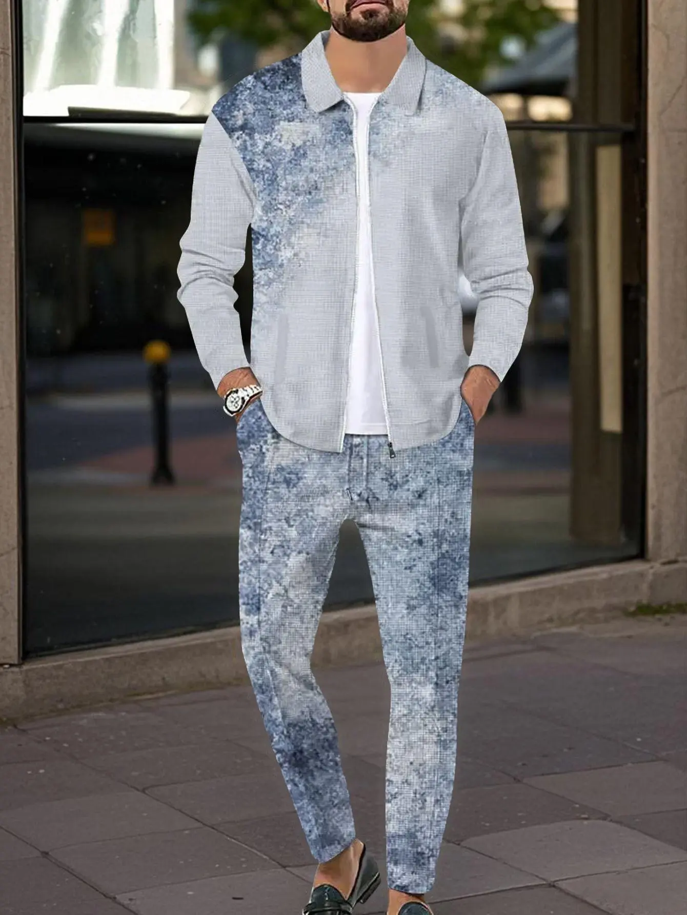 2 piece men's striped graphic printed zipper jacket and drawstring waist casual pants, regular casual long sleeved and pocket casual pants for daily wear, autumn and winter men's clothing