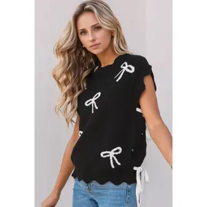 Bow Side Ties Scalloped Hem Cap Sleeve Sweater