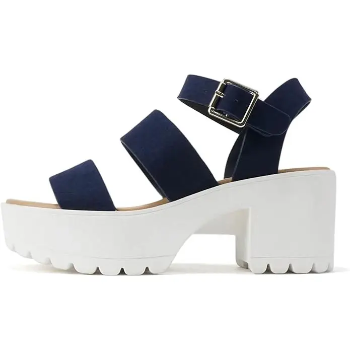 Soda ACCOUNT Women's Open Toe Block Heel Platform Sandals with Adjustable Ankle Strap - Navy Suede - Size 9.5