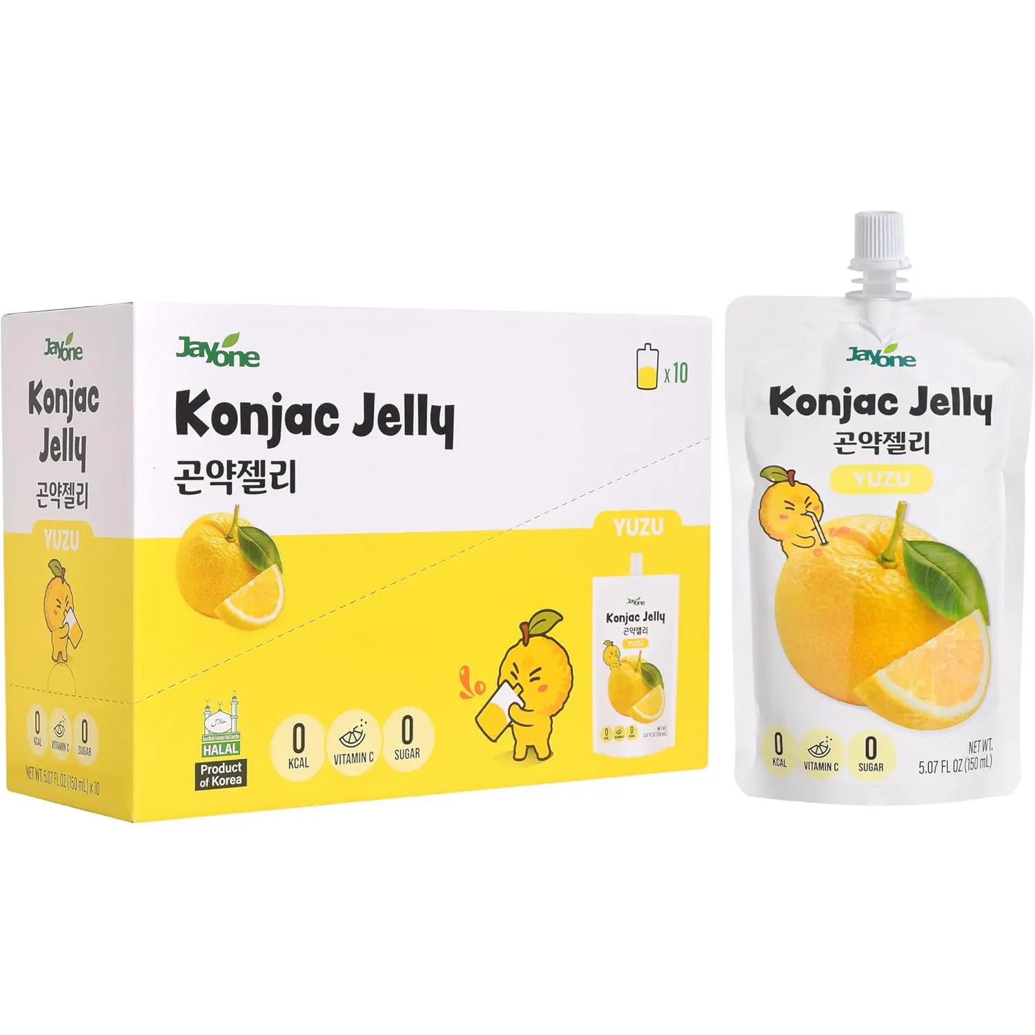 Jayone Konjac Jelly Yuzu, Pack of 10 – Korean Squeezable Jelly Snack, 0 Calorie, 0 Sugar, Vitamin C, Product of Korea