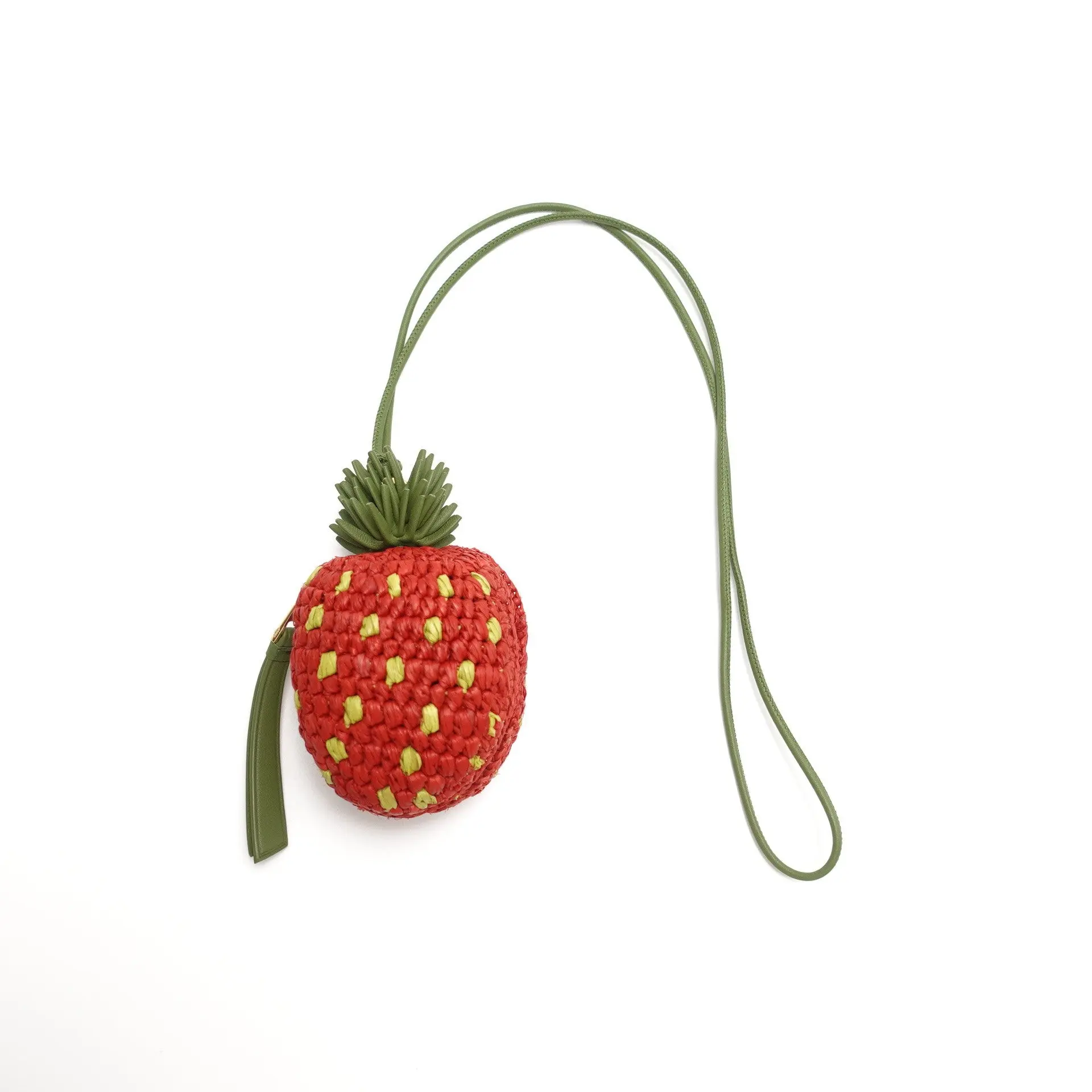 Pre-owned Loewe woven raffia with leather trim Bag Charm Red Strawberry Raffia Leather T10430975