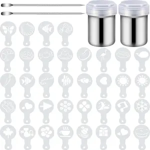 72 Pieces Coffee Decoration Stencils Latte Art Template Coffee Mold Tool with 2 Latte Art Pen 2 Dusting Jars Mesh Powder Shaker for Cake Cookie Decorating Oatmeal Cappuccino Hot Chocolate