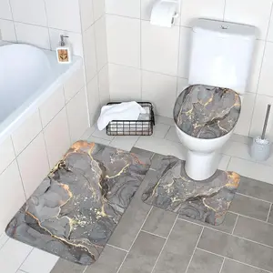 Marble Pattern Bathroom Accessories, 3 Counts/set Including Toilet Lid Cover & Toilet Mat & Bath Mat, Soft Water Absorbent Non-slip Bathroom Set, Bathroom Decoration Accessories