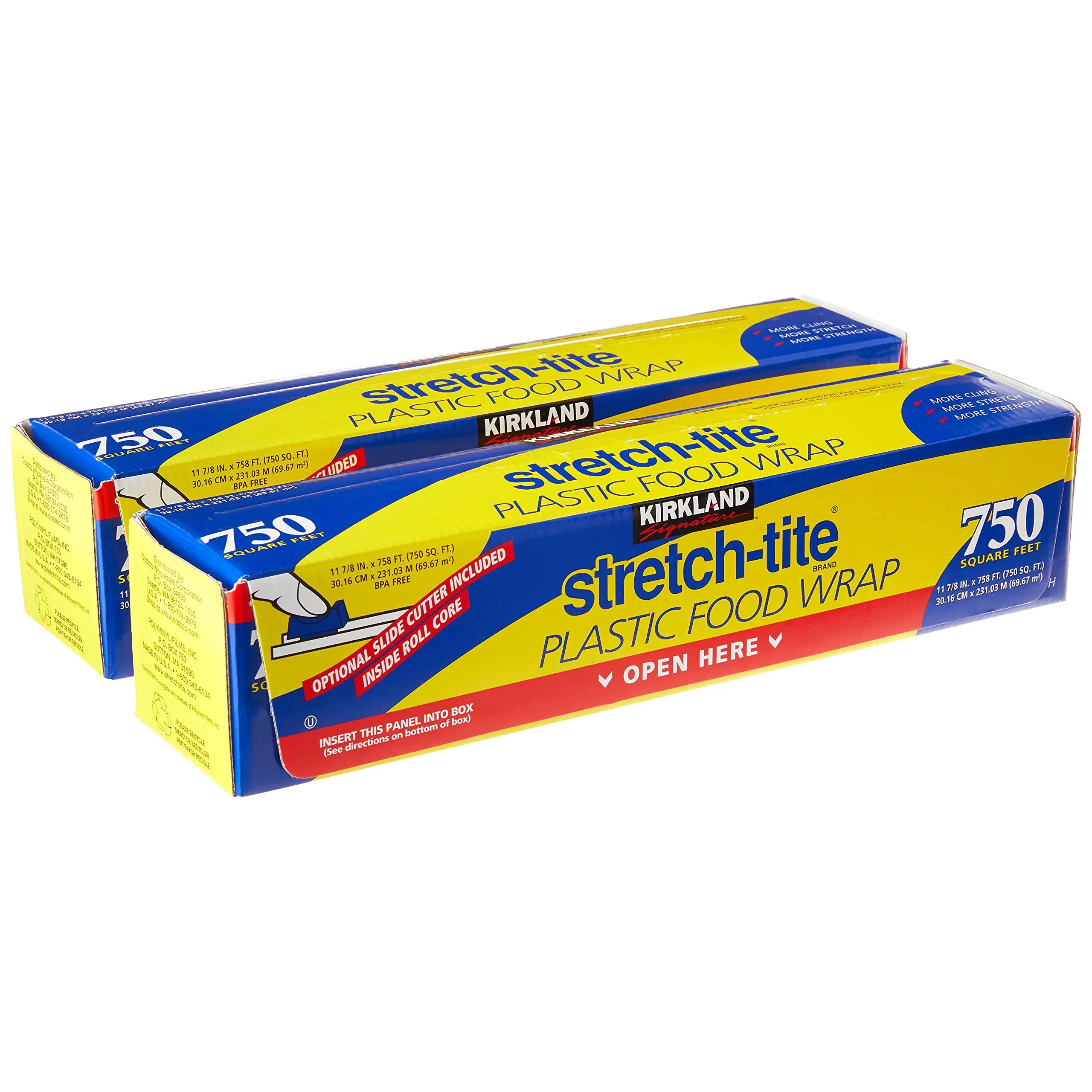 KIRKLAND SIGNATURE Stretch-Tite Plastic Wrap, 2-Pack, 11 7/8 x750 ft (1500 Sq'), Bisphenol A (BPA)-Free, Inside Roll Core, Optional Slide Cutter Included