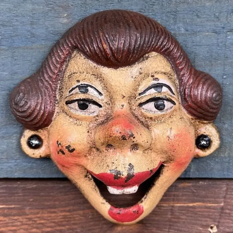 4-Eyed Lady Vintage Cast Iron Bottle Opener, Wall-Mounted Kitchen Utensil with Antique Finish, Pre-Drilled Holes for Home Use