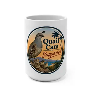 Quail Cam Supporter Mug, 15oz ceramic coffee cup | California quail palm trees