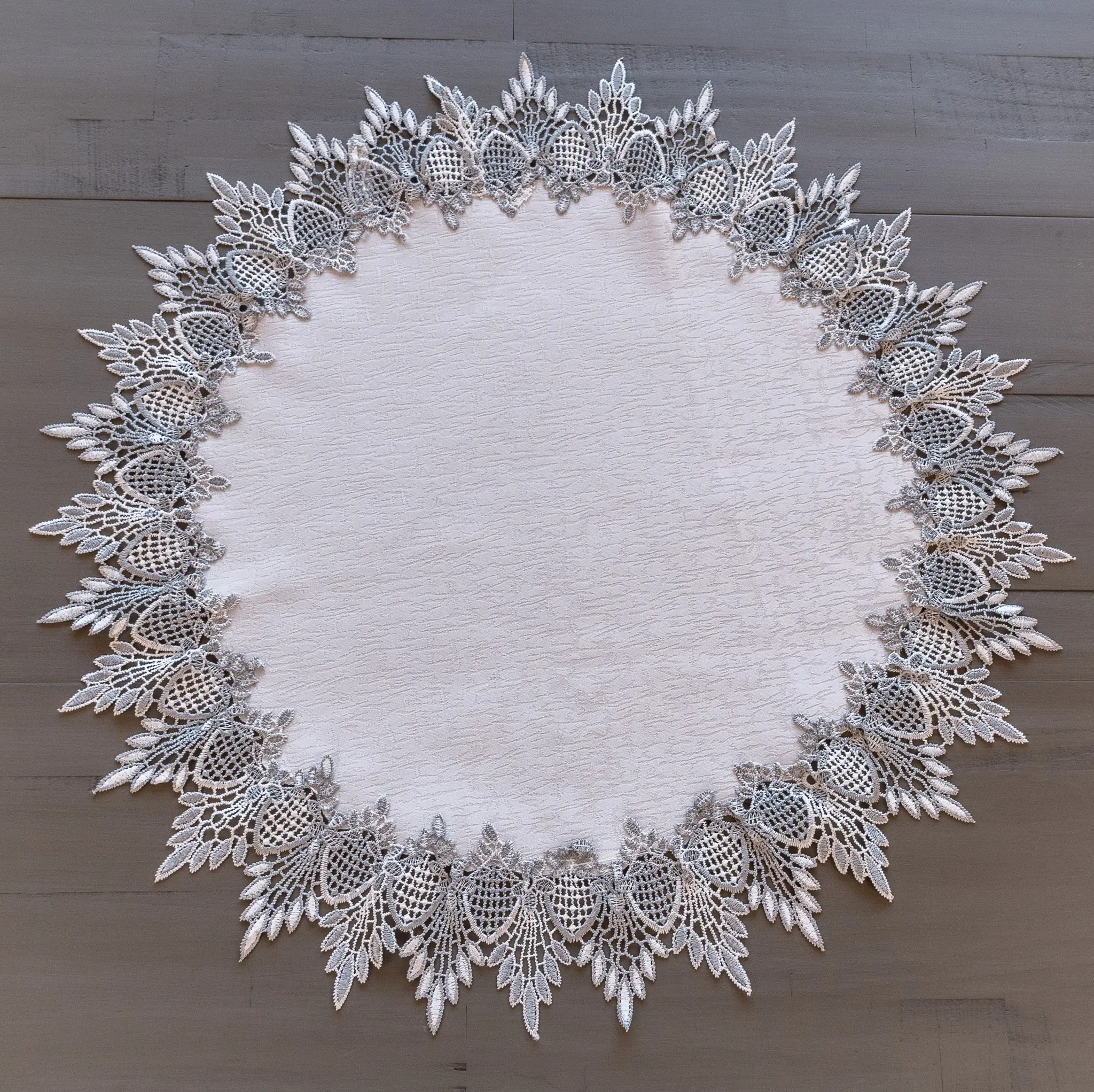 Linens Art And Things - Ornate Earth Tone Silver Lace Border White Jacquard Large Doily Table Topper for Table Setting, Dining Use (24" RD/34" RD), Dining Table