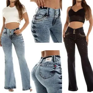 W71-384  Colombian Rhinestone Stretch Jeans High Quality Bottoms