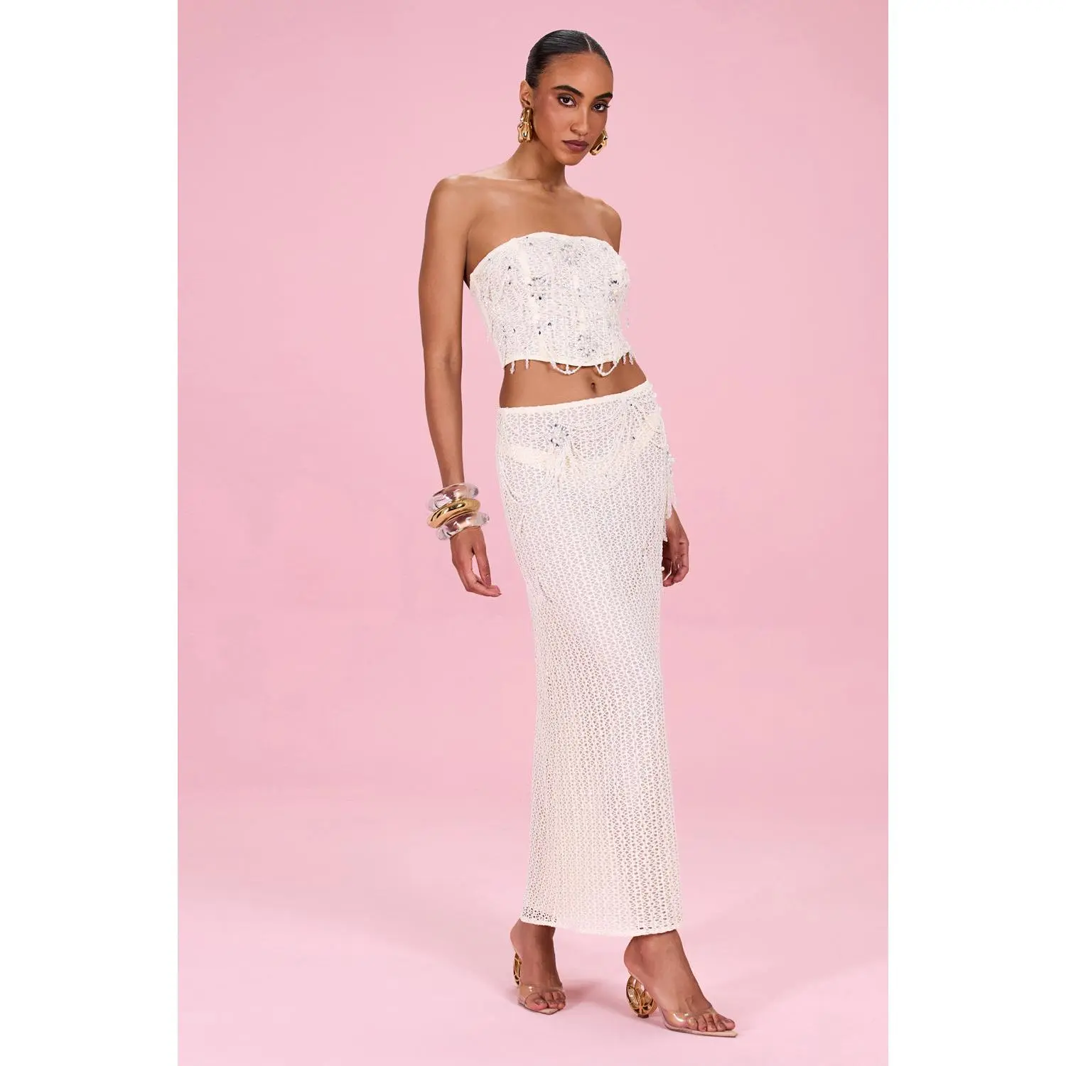 PEARL MESH EMBROIDERED MAXI SKIRT OFF WHITE
