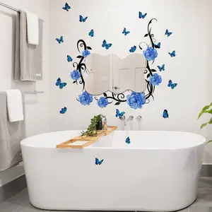 Floral Vine Butterfly Mirror Wall Sticker Set, Decorative Decal for Bathroom Vanity Makeup Room Bedroom Decoration