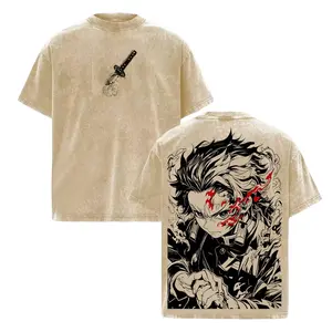 Limited Tanjiro Tee - Demon Slayer Kimetsu no Yaiba T-Shirt Acid Wash Vintage Oversize Unisex Heavy Cotton Menswear Top Anime Manga Graphic Tee Washed Double Printed Retro Streetwear, Tanjiro Kamado Movie