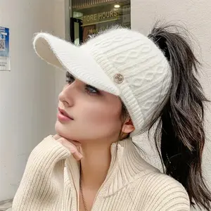 Autumn and Winter Women's Warm Knitted Ponytail Sunshade Hat - Thick Warm Earcup Baseball Hat with Adjustable Shoulder Straps