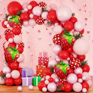 153pcs Red and Pink Strawberry Themed Balloon Wreath Arch Set with Strawberry Aluminum Foil Balloons, Suitable for Birthday Parties, Anniversaries, Wedding Decorations, Spring and Summer Decorations, Indoor and Outdoor Decorations