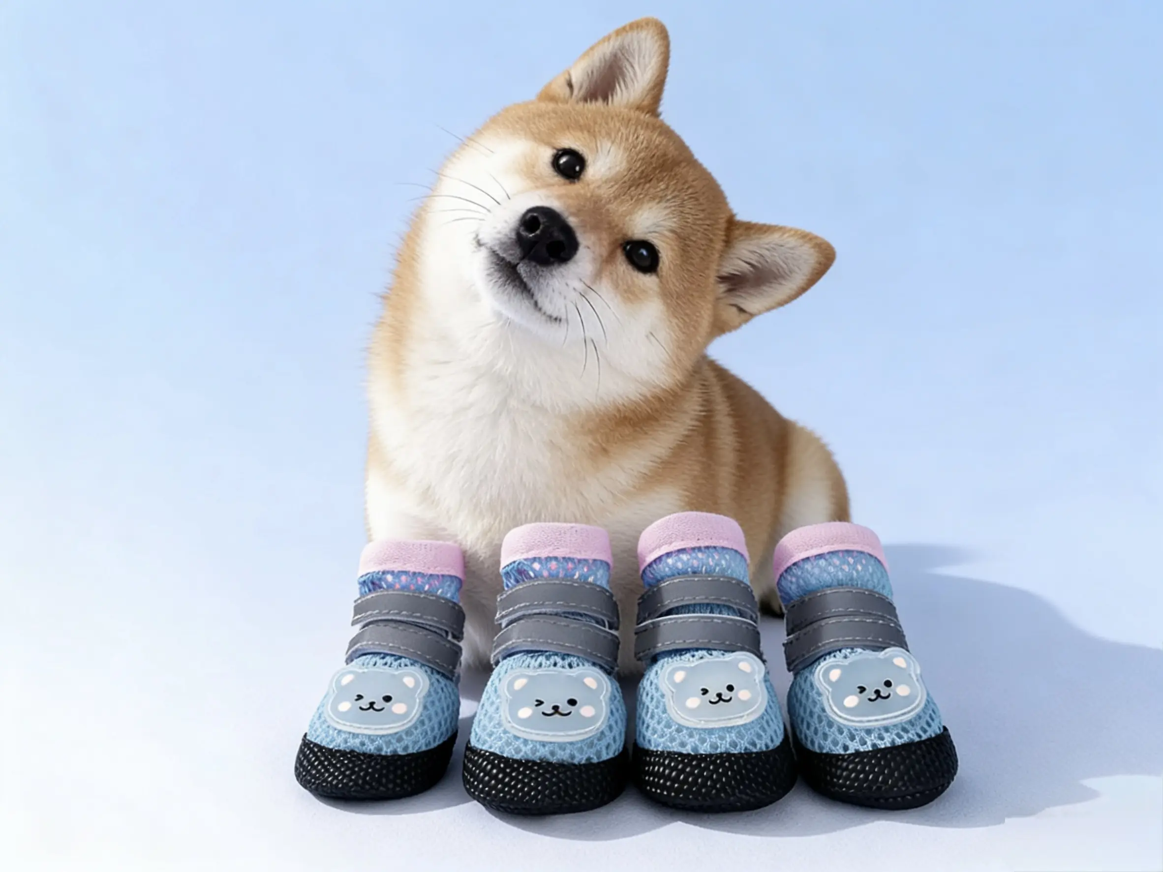 Cute Pet Boots Set of 4 Soft Non-Slip Walking Shoes for Small Dogs Adjustable Comfortable Fit with Bear Design Anti-Slip Rubber Sole Night Safety Reflective Straps