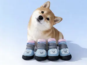 Cute Pet Boots Set of 4 Soft Non-Slip Walking Shoes for Small Dogs Adjustable Comfortable Fit with Bear Design Anti-Slip Rubber Sole Night Safety Reflective Straps