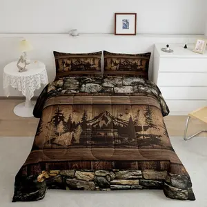 Rustic Camper Comforter Set,Happy Camping Bedding Set,Farmhouse Wooden Board Duvet Insert Trailers Camper Gifts Down Comforter,Brown