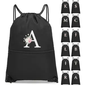 Drawstring Backpack, Personalized Initial Design Drawstring Bags Water Resistant String Bag for Women Men Gym Backpack Track Bag Sackpack Cinch Bags for , Gym, Travel, Beach-Black (Letter A)