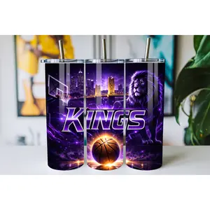 Royal Purple Basketball Tumbler 20oz 30oz – Lion King Skyline Night Court Design Skinny Insulated Stainless Steel Cup with Lid, Bold Sports Fan Gift Drinkware
