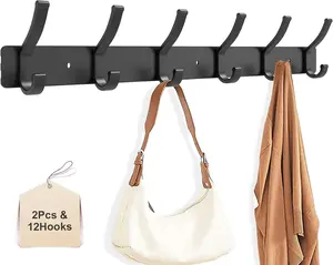 Coat Rack  2 Pack Wall Mount, All Metal Wall Hooks Hanging, Wall Hat Rack with 6 Dual Hooks, Black Coat Hooks Hat Towel Purse Backpack Baseball Cap