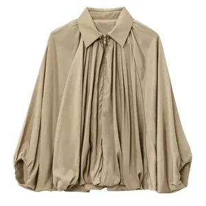 Womens Puffed Bomber Jacket Casual Batwing Sleeve Lapel Collar Zip Shirts Oversized Pleated Streetwear Jackets