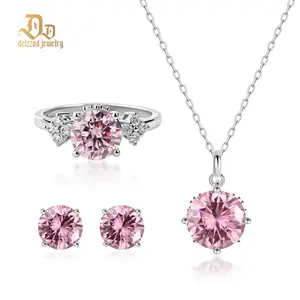 【Celestial Rose Trio】Delzzad Pink Four-Prong Stud Earrings Necklace Ring Band Set Pink Synthetic Moissanite Set Copper Jewelry Set Perfect Birthday Engagement Wedding Anniversary Christmas Valentine's Day Gifts