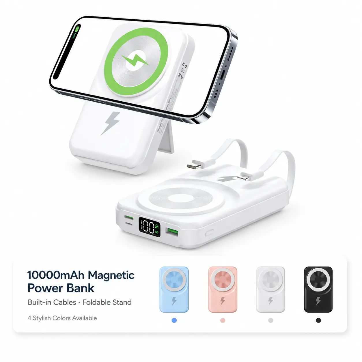 ArtCyber Magnetic Powerbank 10000mAh - Foldable, Dual Cable, 5 Device Charging, 22.5W Wired/15W Wireless, Smart LED Display, iOS & Android Compatible, Compact & Portable