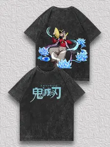 valentine shirts Men's Distressed Double-Sided T-Shirt - Demon Slayer Douma Printed Style, Retro Niche Trendy Anime Style Unique Top