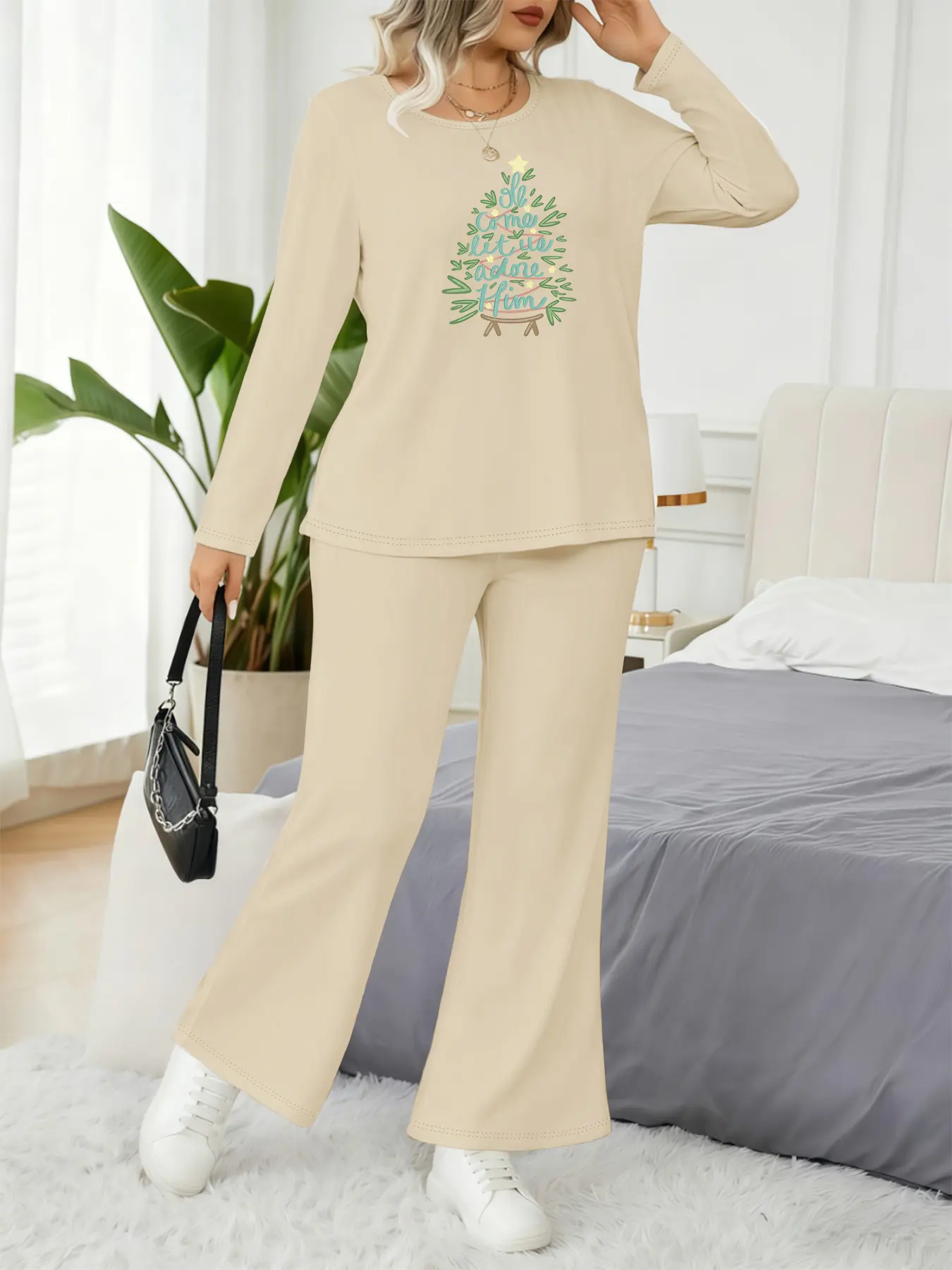 Women's Plus Size Christmas Tree Print Two-Piece Set, Casual Long Sleeve Top and Pants, Winter Home and Outdoors Fashion