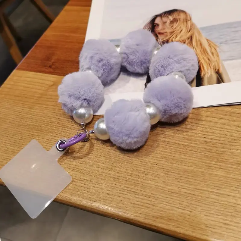 Cute Plush Ball Phone Wrist Strap, Stylish Cellphone Lanyard Chain, Keychain Purse Charms for Women Girls, Sweet Pearl Bag Charms Keychain Wallet Purse Pendant, Fashionable Wristlet for Smartphones, Valentine's Day Gifts,New Year Gifts