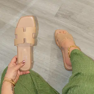 Sydney - Women's Comfort Insole Square Toe Slippers Faux Leather Slide Sandals for Everyday Wear Open Toe Summer Plain Pattern Synthetic Material