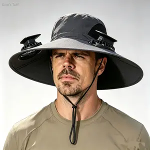 Bucket sun hat viral tiktok dual power fan wide brim cap rechargeable cooling UPF50 UV resistant lightweight breathable summer fishing hiking camping beach