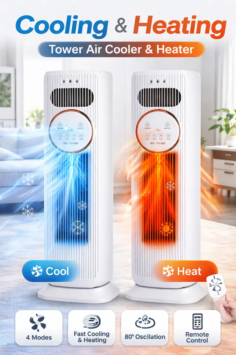 Bladeless Tower Fan - 4-in-1 Plug-Powered Plastic Brushless Home Appliance with Cool, Heat, Humidify, Air Circulation, Remote Control, Low Noise, Portability, All Seasons Indoor Use for Living Room, Study Desk, Home Cooling Solutions