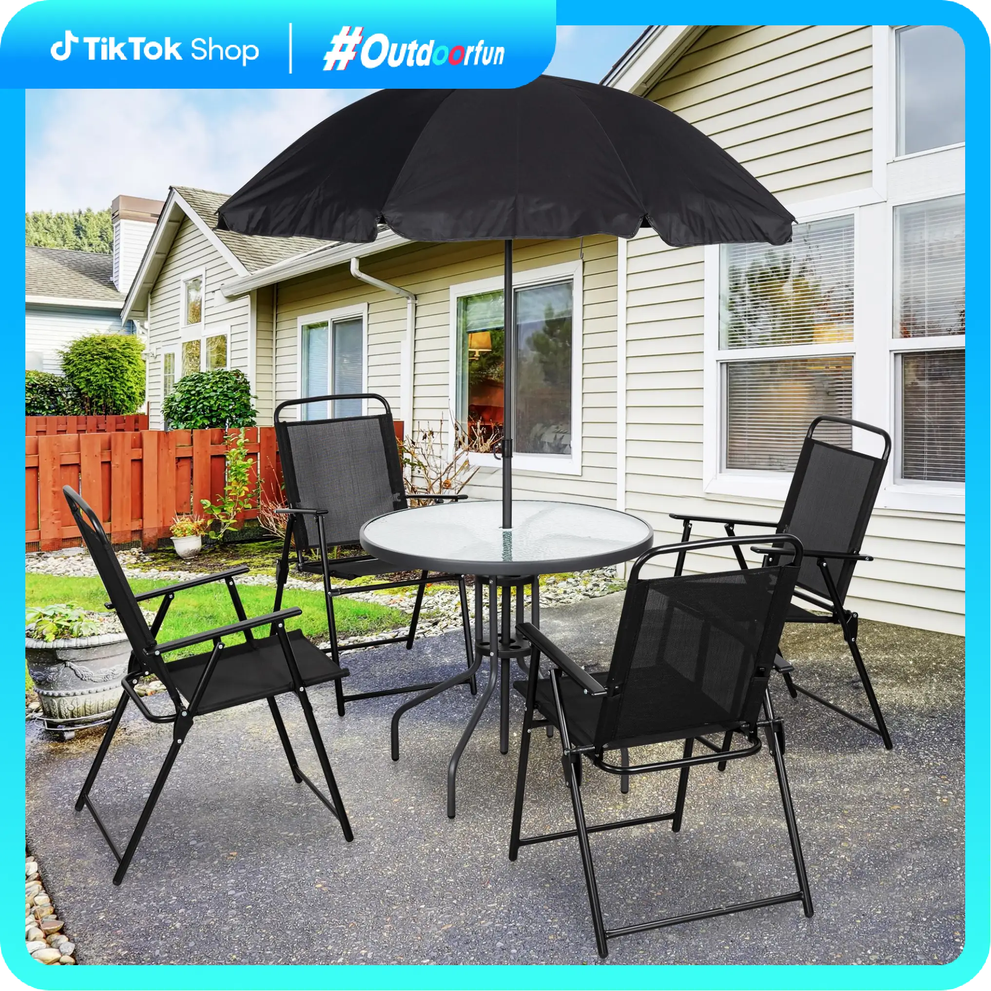 Walsunny 6-Piece Folding Patio Dining Set with Glass Table, Umbrella, and 4 Folding Dining Chairs, Outdoor Living Dine Garden Hosting Furniture, Black