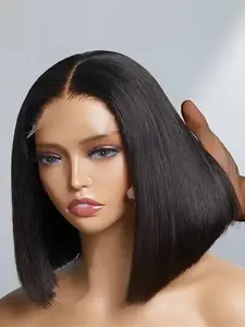 Bob Straight 4x4 Transparent Lace Wig, Human Hair Wig Pre-Bleached, 180% Density, For Women Natural Black