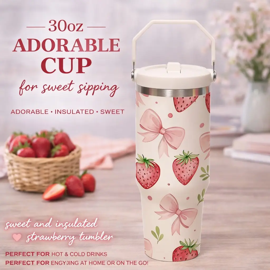 1 Pc 30oz Strawberry Bow Sweet Design “Adorable Cup For Sweet Sipping”, Cute Aesthetic Vacuum Cup, Stainless Steel Tumbler, Double Wall Thermal Mug, Leak Proof Lid, Keeps Drinks Hot 12H Cold 24H, Valentine Day Birthday Holiday Gift for Women Girls
