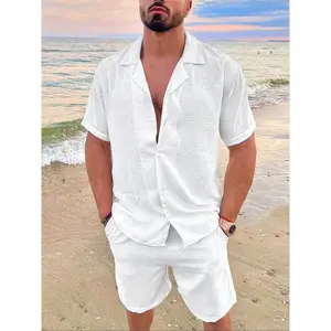 2 Counts Men's Solid Button Front Shirt & Elastic Waist Shorts Two-piece Set, Men's 2 Piece Set, Streetwear Short Sleeve Top & Pocket Design Shorts Suits Beachwear for Formal Wear, Menswear, Casual Outfits, Summer Wear, Summer Clothes Set