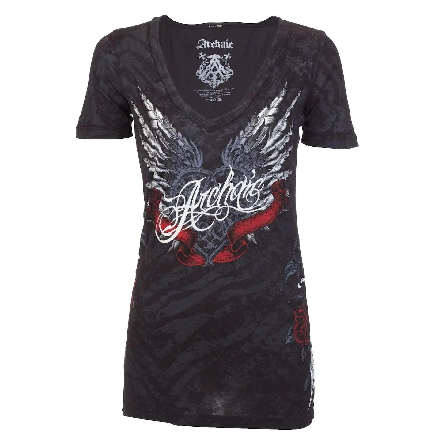 ARCHAIC Women's Big Love Vintage 2000s Graphic T-Shirt, Short Sleeve Casual Gothic Biker V-Neck Pullover Top, Graphics