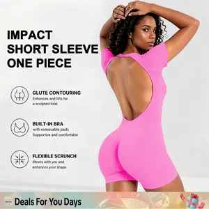 [SIZE UP 1] DEEFY [STRONG COMPRESSED] Impact Short Sleeve One Piece Women Soft Padded Bralette Tummy Control Butt Lifting Gym Workout Yoga One Piece Activewear Bodysuits