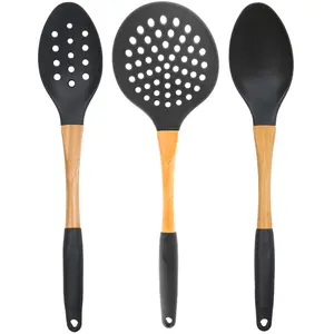 BEILLE 3-Piece Grey Nylon Cooking Spoons Kitchen Utensils Set with Wooden Handle High Heat Resistance Dishwasher Safe Ergonomic Grip